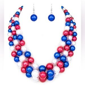Red, White, Blue Multicolor Beaded Statement Necklace